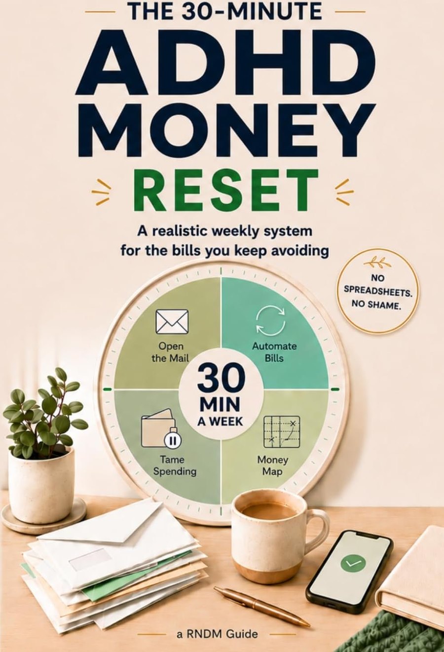 Front cover of The 30-Minute ADHD Money Reset: Bills, subscriptions and the ADHD tax — one weekly hour at a time, by a RNDM Guide