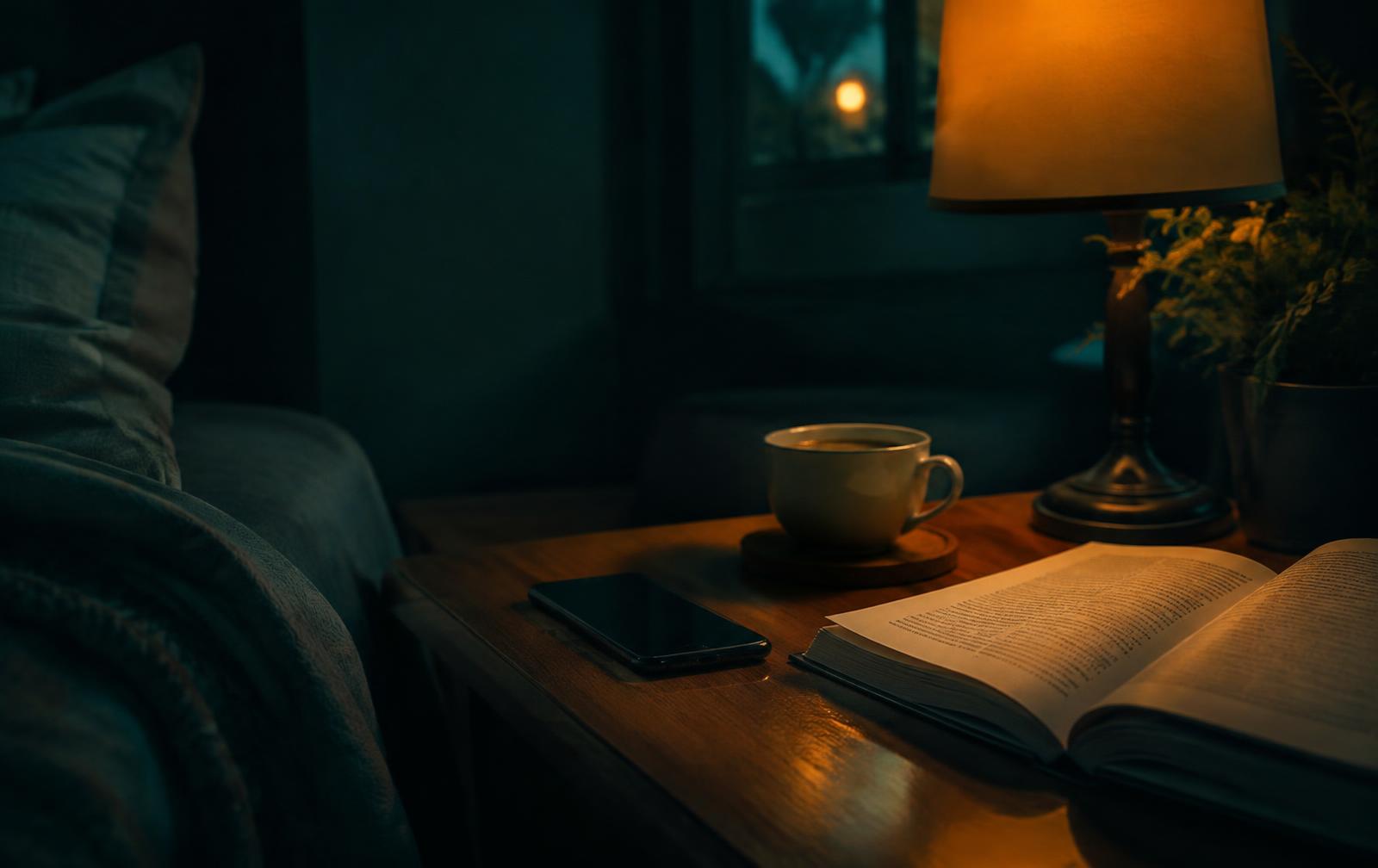 A lamp-lit room late in the evening